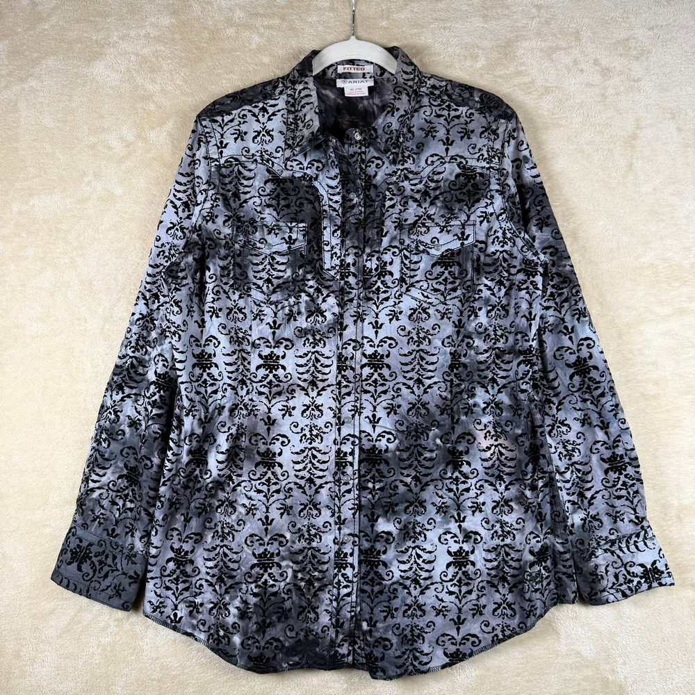 ARIAT Fitted Womens XL Black Gray Damask Burnout Velvet Long Sleeve Button Up